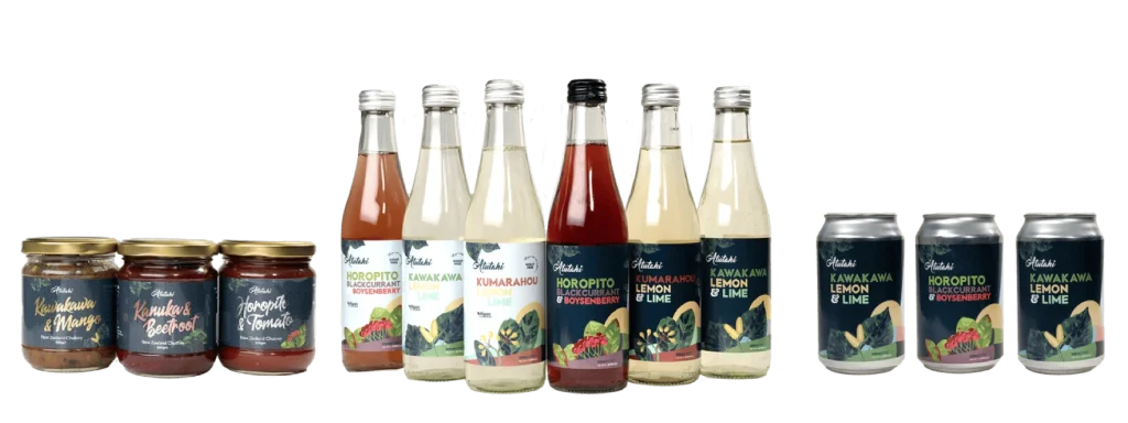 Atutahi Complete Product - A colorful assortment of drinks and sauces displayed together on a table, showcasing various flavors and styles.