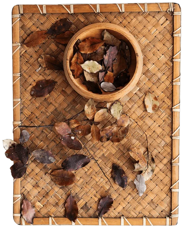 Fresh leaves arranged in a bowl on a bamboo mat, showcasing a simple, natural aesthetic