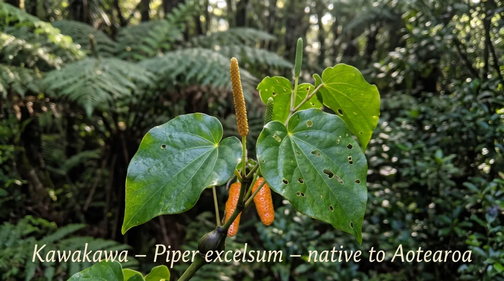 Visible leaf veins, a few orange fruit spikes hanging below the leaves, dew drops on the surface. Optional subtle text overlay: "Kawakawa – Piper excelsum – native to Aotearoa".