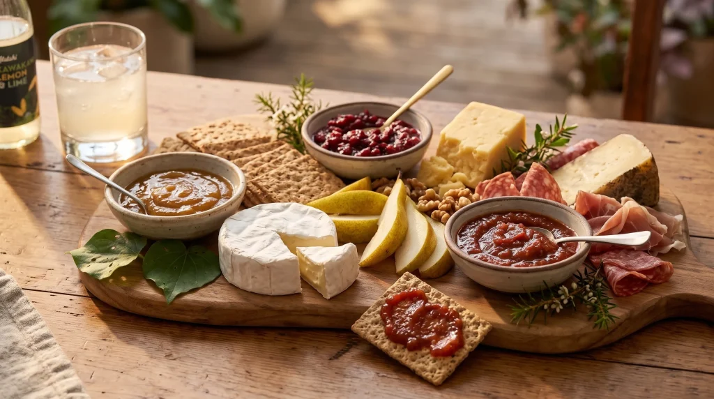 Kawakawa Mango Chutney beside creamy brie, Kānuka Beetroot Chutney beside sharp aged cheddar, and Horopito Tomato Chutney beside cured meats and a wedge of vintage cheese. Add crackers, sliced pear, walnuts and a few native leaves. One cracker in the foreground has a dollop of chutney on top to show the spreadable texture.