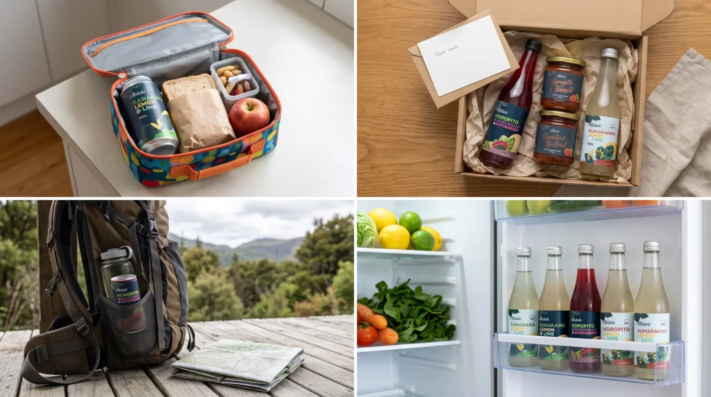 Each panel is simple and uncluttered, with Atutahi packaging clearly visible. Include small, natural props: a sandwich and apple, tissue paper and a handwritten card, a trail map and drink bottle, a shelf of fresh produce.