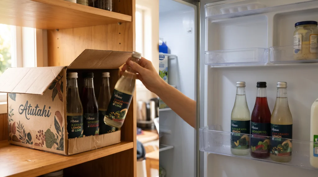Moving a bottle from an Atutahi 15-pack into the fridge to keep drinks cold and fresh.