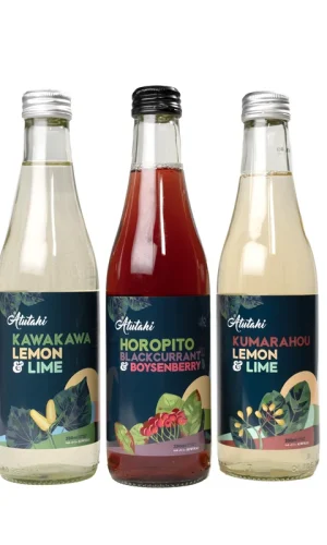 Three colorful immune boosting drinks juice bottles showcasing different flavors: Blackcurrant, Boysenberry, Horopito, Kawakawa, Kumarahou.