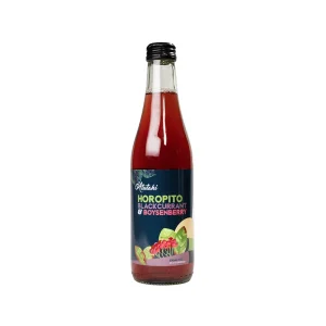 A bottle of Horopito Blackcurrant and Boysenberry juice topped with a green leaf, emphasizing its organic and refreshing qualities.