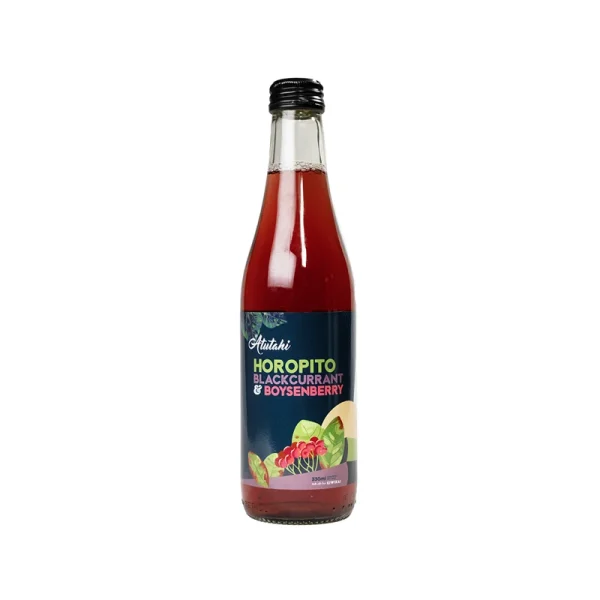 A bottle of Horopito Blackcurrant and Boysenberry juice topped with a green leaf, emphasizing its organic and refreshing qualities.