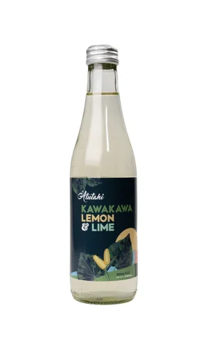 A clear bottle of natural drinks with a 'kawakawa lemon and lime' label, highlighting a unique herbal drink option.
