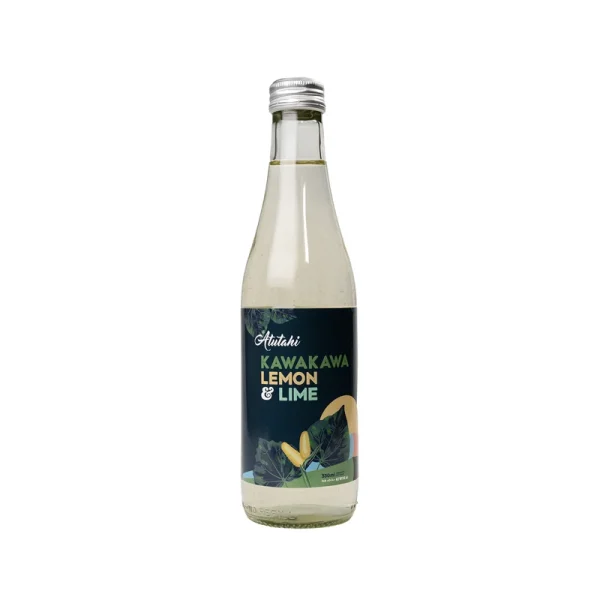 A clear bottle of natural drinks with a 'kawakawa lemon and lime' label, highlighting a unique herbal drink option.