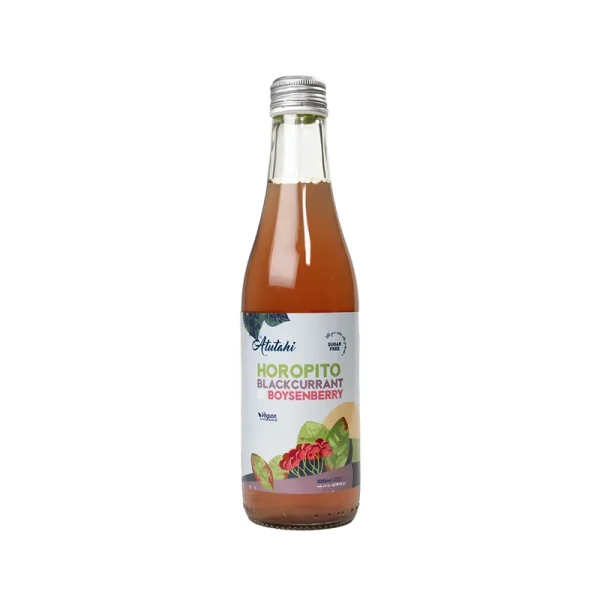 A bottle of Sugar Free Horopito Blackcurrant & Boysenberry juice, showcasing its rich color, set on a plain white background.