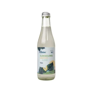 A clear bottle of Sugar Free Kawakawa Lemon and Lime label, highlighting its herbal infusion for relaxation.