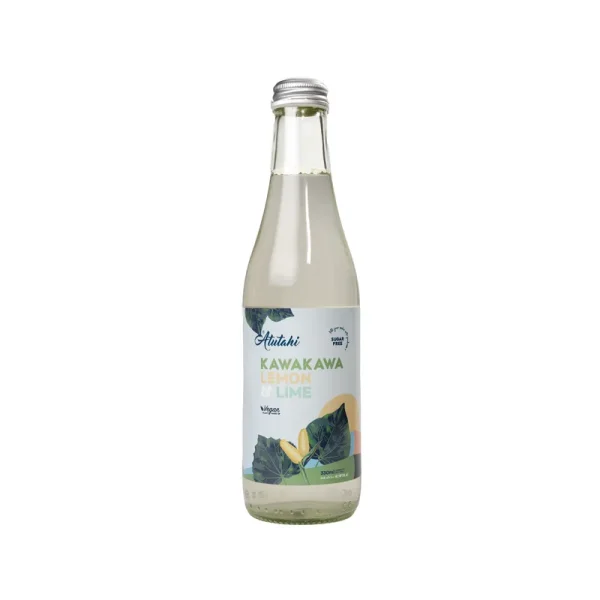 A clear bottle of Sugar Free Kawakawa Lemon and Lime label, highlighting its herbal infusion for relaxation.