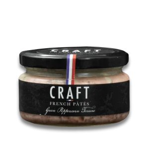 Gourmet Craft French Pâtés Green Peppercorn Terrine in a premium glass jar with black label.