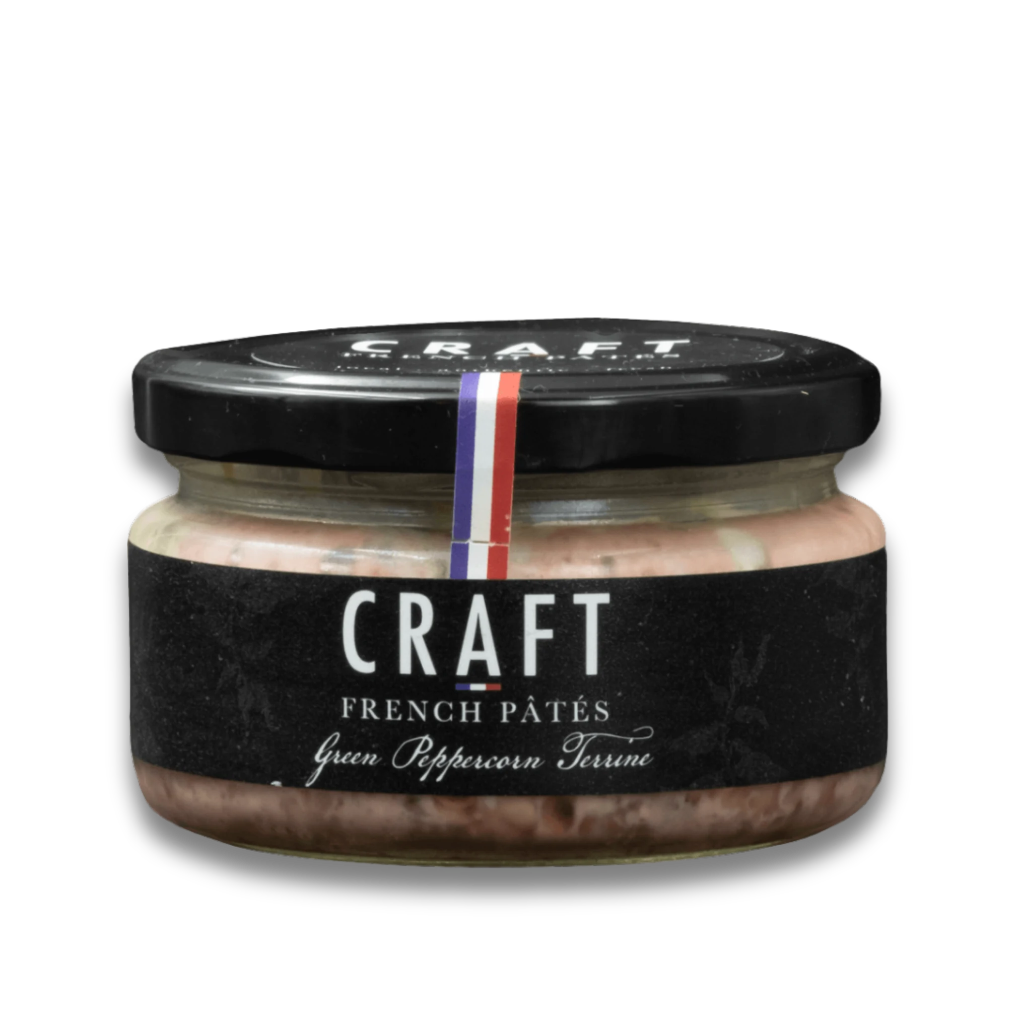 Gourmet Craft French Pâtés Green Peppercorn Terrine in a premium glass jar with black label.