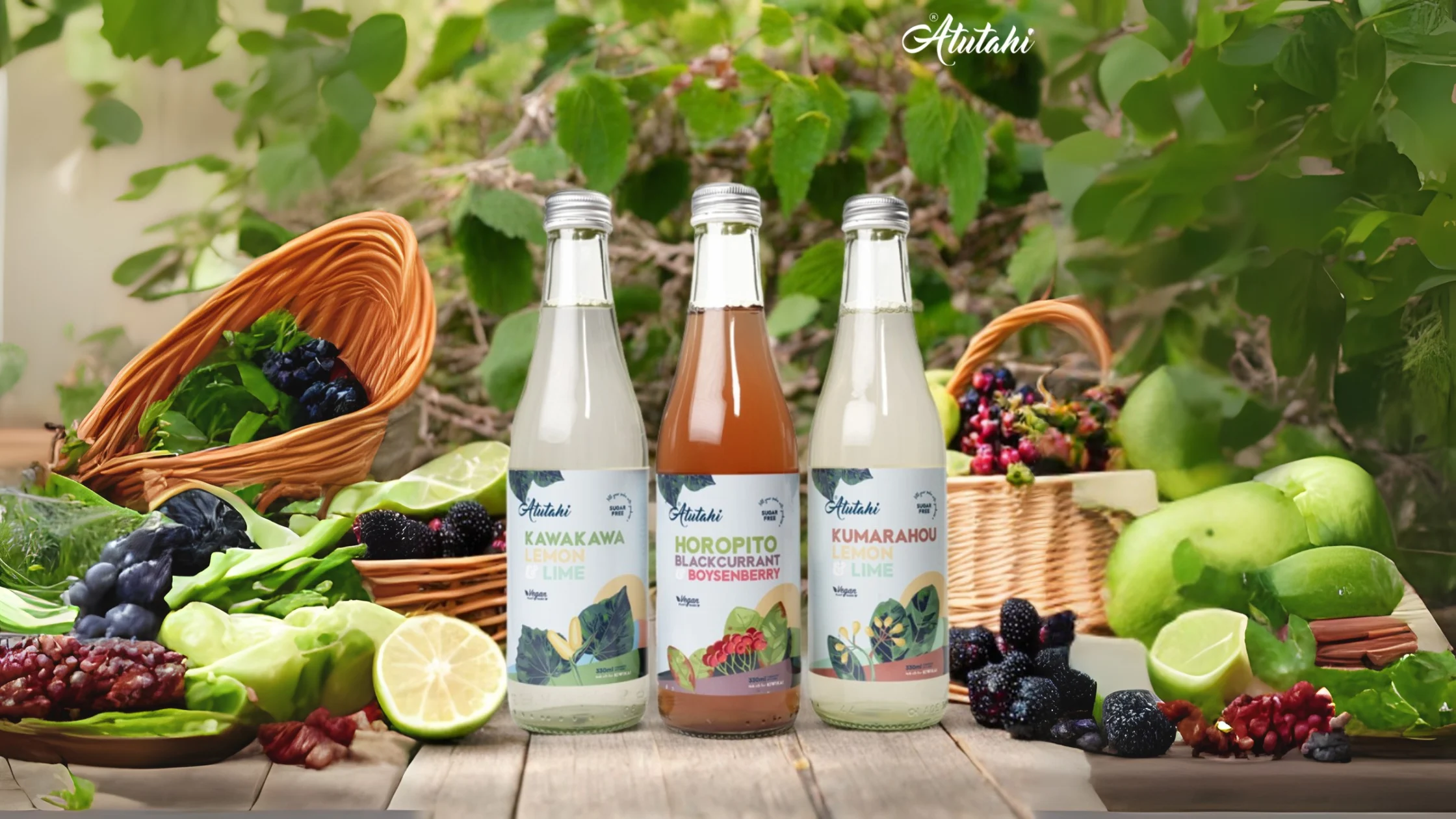 Three glass bottles of Atutahi low sugar native Māori botanical drinks—Kawakawa, Horopito, and Kumarahou flavors—surrounded by fresh berries and lime on a rustic wooden table.