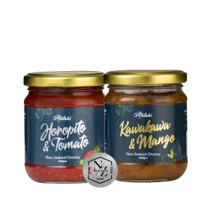 Two jars of Atutahi New Zealand Chutney, Horopito & Tomato and Kawakawa & Mango, displayed with a 2024 NZ Artisan Awards Silver medal.