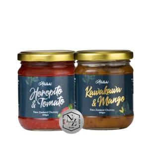Two jars of Atutahi New Zealand Chutney, Horopito & Tomato and Kawakawa & Mango, displayed with a 2024 NZ Artisan Awards Silver medal.