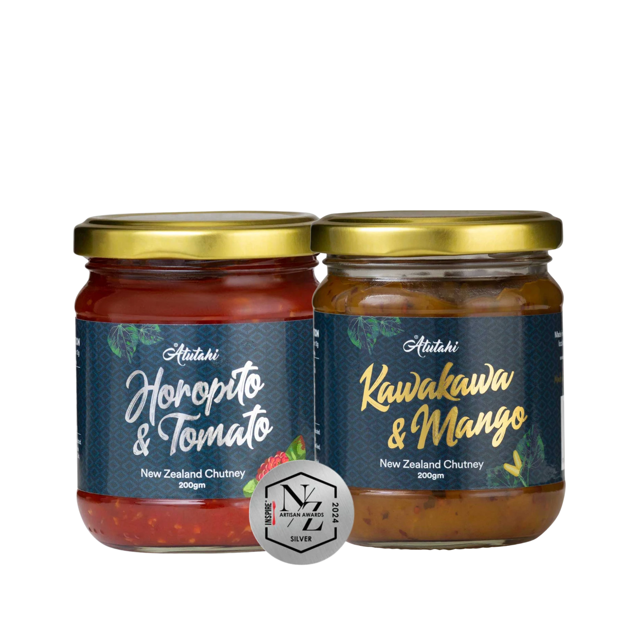 Two jars of Atutahi New Zealand Chutney, Horopito & Tomato and Kawakawa & Mango, displayed with a 2024 NZ Artisan Awards Silver medal.