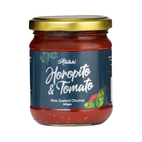 Premium 200g jar of Atutahi Horopito and Tomato New Zealand Chutney, a gourmet native botanical condiment.