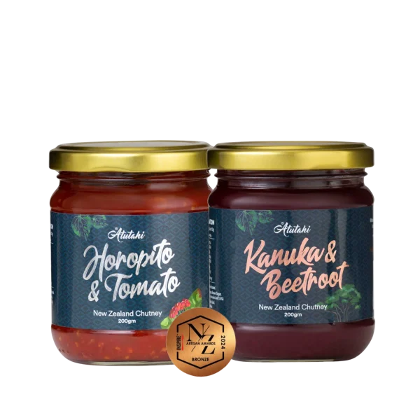 A 200g jar of Atutahi Kanuka and Beetroot New Zealand Chutney featuring a gold lid and dark label with native plant illustrations.