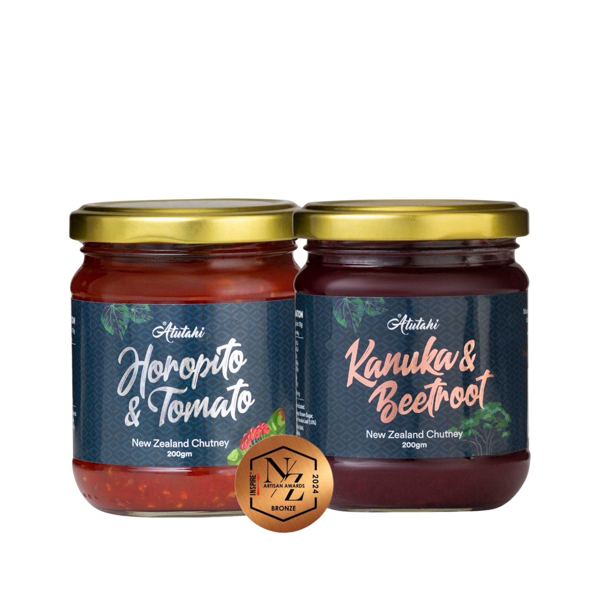 A 200g jar of Atutahi Kanuka and Beetroot New Zealand Chutney featuring a gold lid and dark label with native plant illustrations.