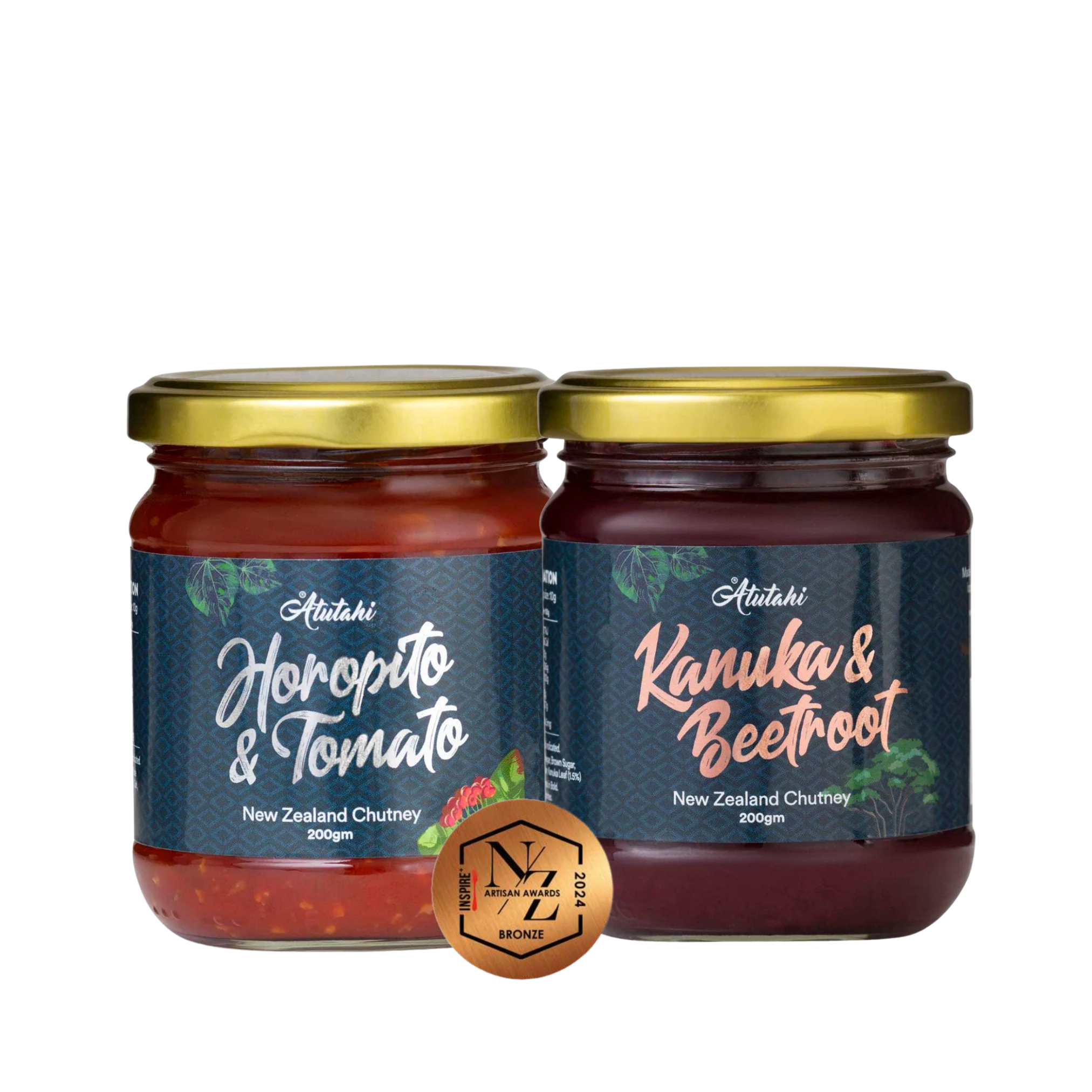 A 200g jar of Atutahi Kanuka and Beetroot New Zealand Chutney featuring a gold lid and dark label with native plant illustrations.