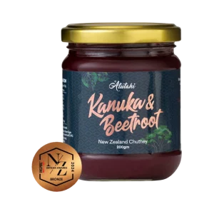 A 200g jar of Atutahi Kanuka and Beetroot New Zealand Chutney featuring a gold lid and dark label with native plant illustrations.