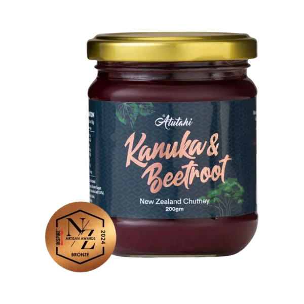 A 200g jar of Atutahi Kanuka and Beetroot New Zealand Chutney featuring a gold lid and dark label with native plant illustrations.