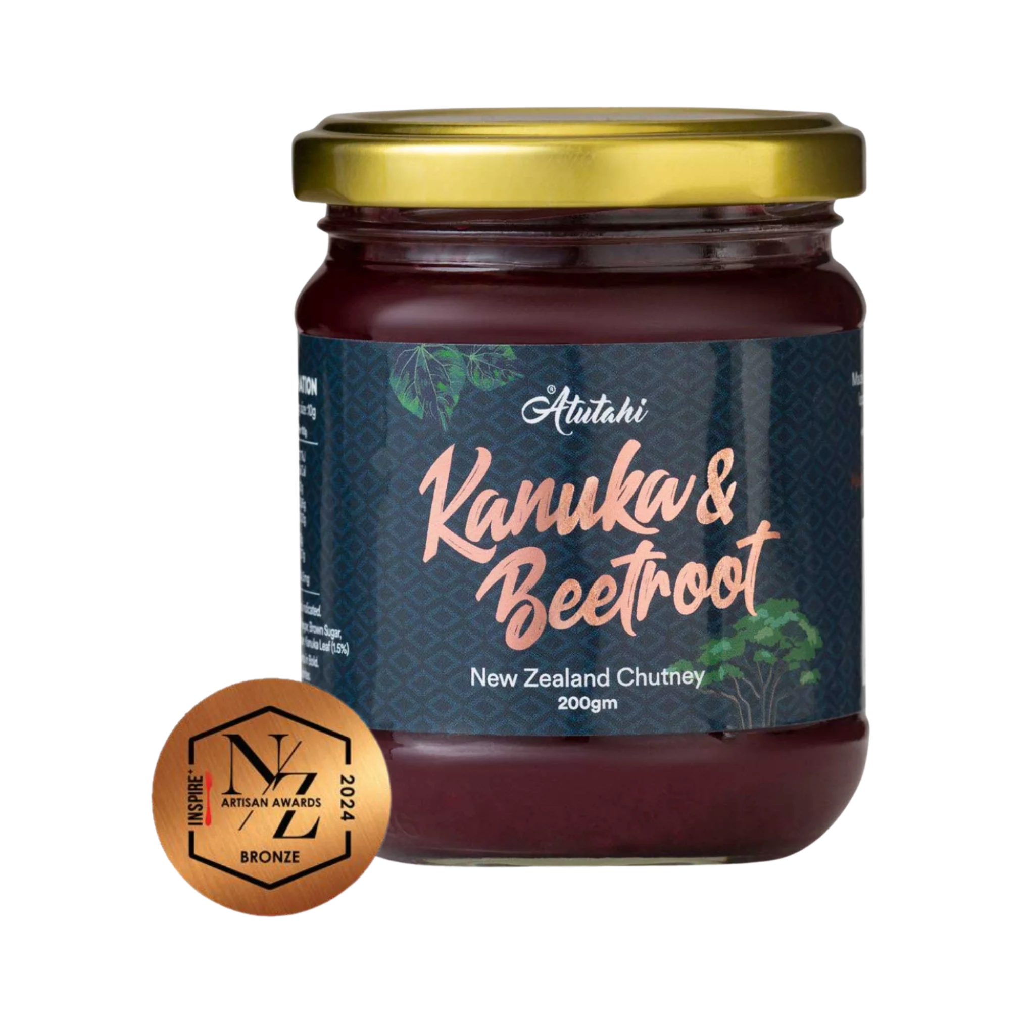A 200g jar of Atutahi Kanuka and Beetroot New Zealand Chutney featuring a gold lid and dark label with native plant illustrations.