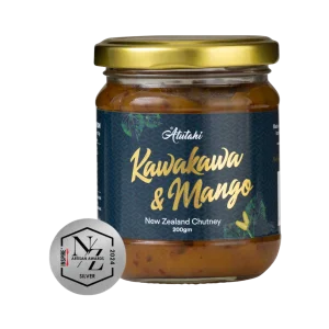 A single jar of Atutahi Kawakawa and Mango New Zealand Chutney (200g) with a 2024 NZ Artisan Awards Silver medal.
