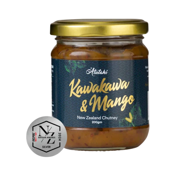 A single jar of Atutahi Kawakawa and Mango New Zealand Chutney (200g) with a 2024 NZ Artisan Awards Silver medal.