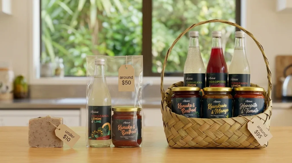 Three Atutahi wellness gift options arranged by budget, from kawakawa soap to a full gift pack.