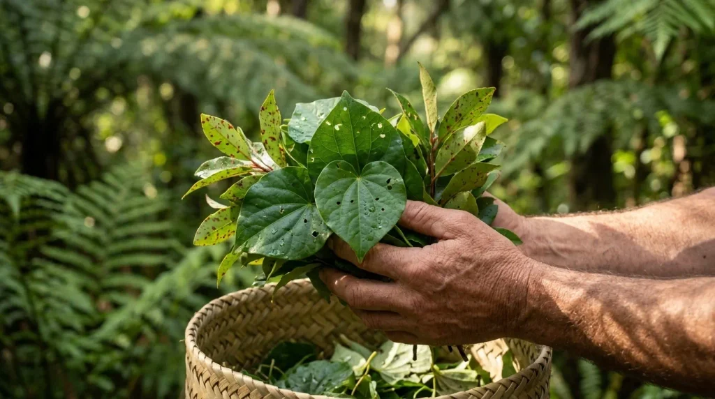 Hands holding hand-harvested kawakawa and horopito leaves used in Atutahi drinks and chutneys.
