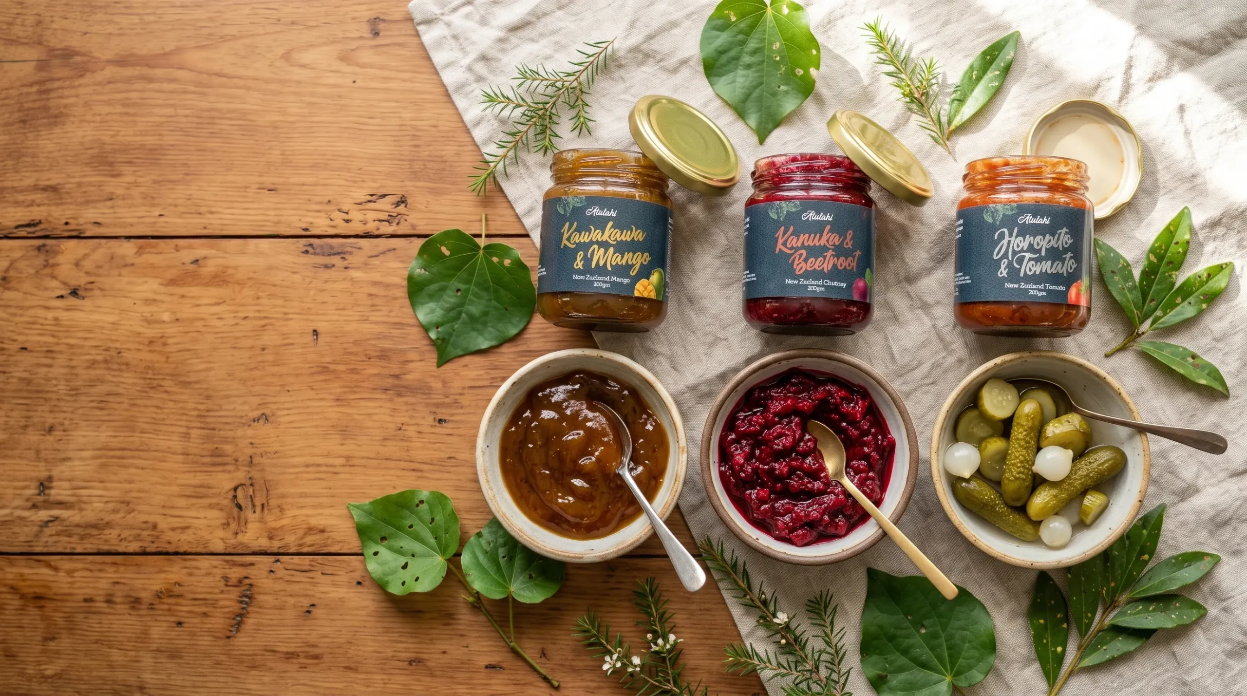 Small spoons rest in each bowl to show texture: chutney holding its shape, relish loose and chunky, pickles whole and firm. A few fresh kawakawa leaves, a sprig of kānuka and horopito leaves are scattered between the bowls. Leave clean space on the left for the blog title overlay.