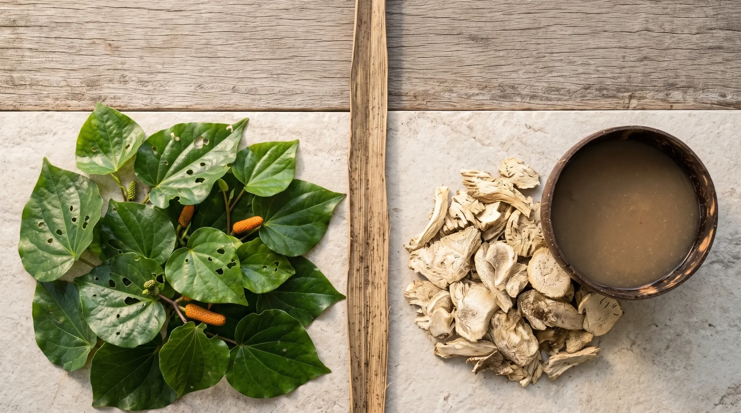 Heart-shaped kawakawa leaves showing the veins clearly; a few orange kawakawa fruit spikes for colour. Kava root is pale beige and fibrous. Leave clean space at the top for the blog title overlay.