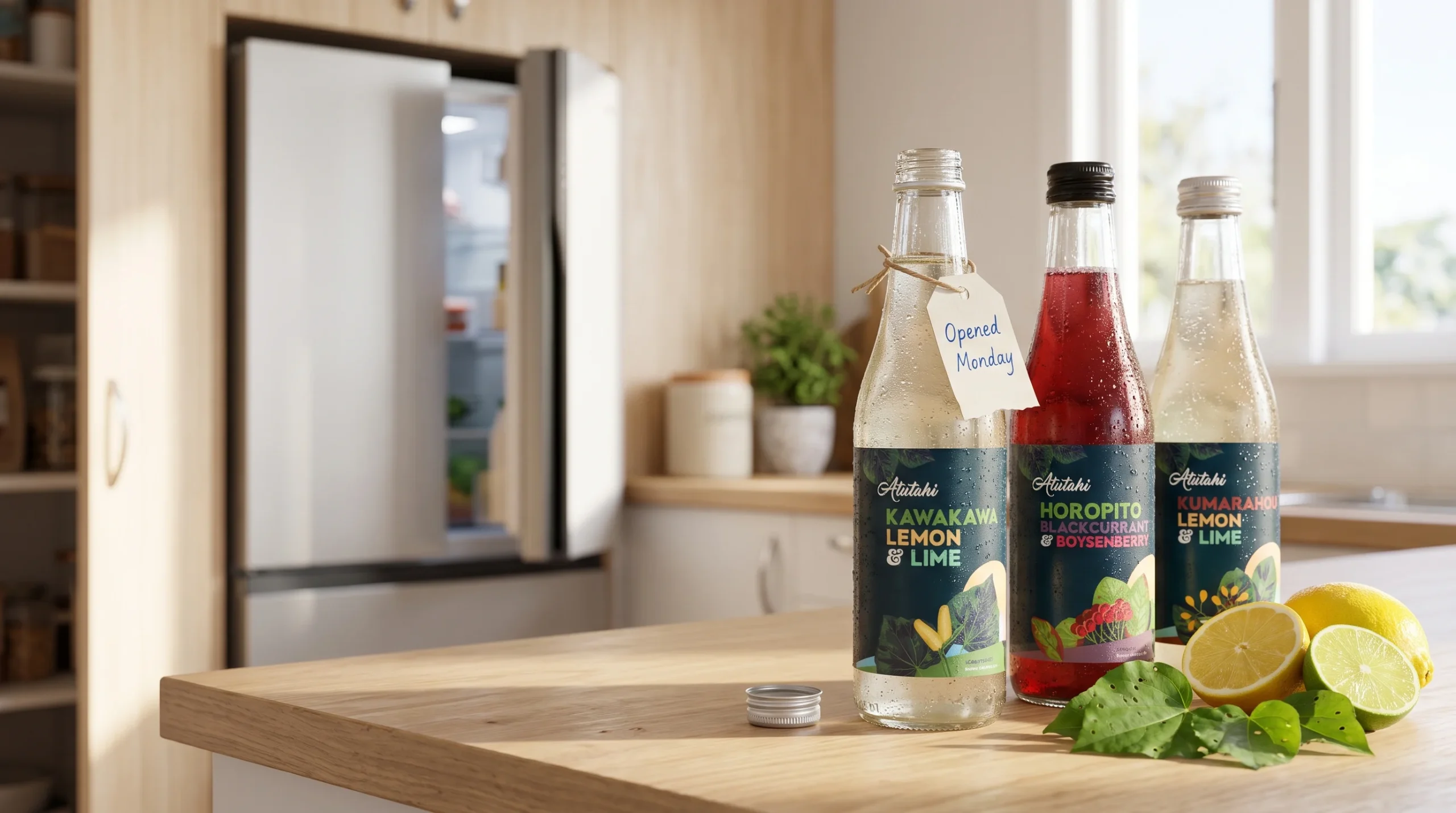 Atutahi botanical drinks on a kitchen bench, one opened bottle ready to go back in the fridge.