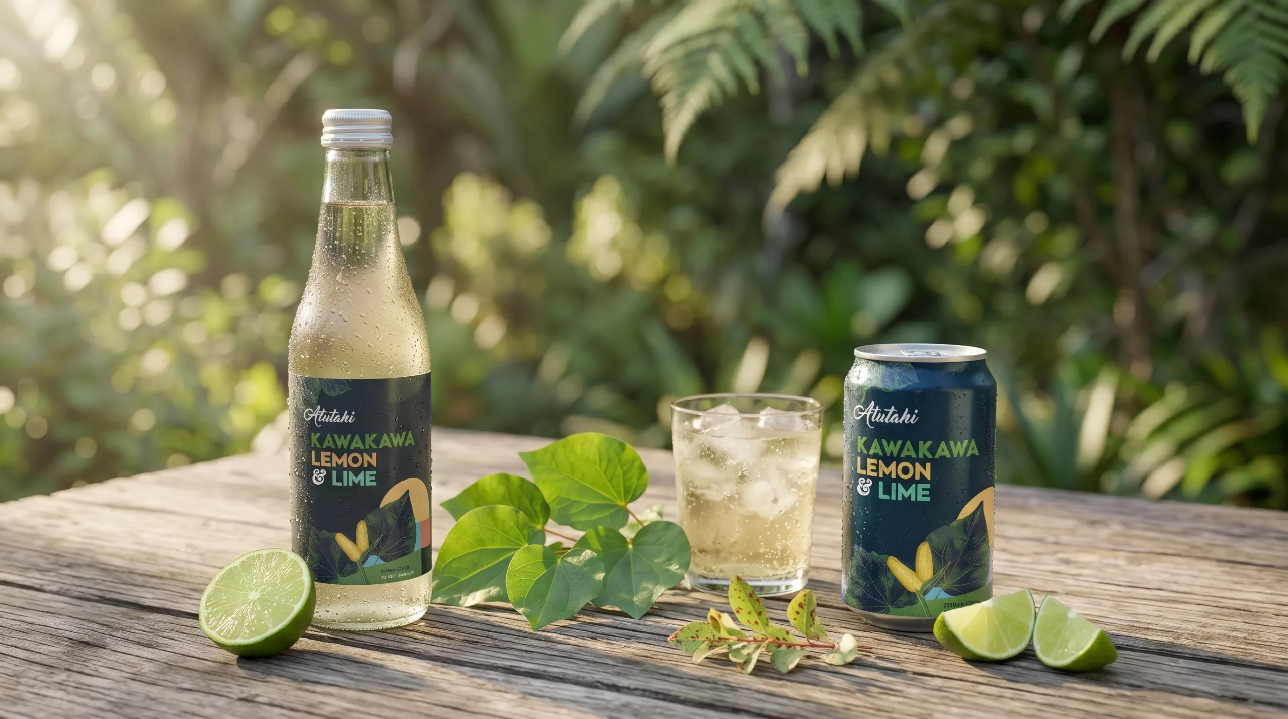 Labels face the camera and are sharp. A few lime wedges and a sprig of horopito sit on the surface. One glass tumbler with ice and a pale golden drink sits slightly behind, to show the drink is the same either way.
